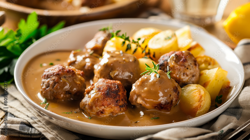 typical swedish meatball meal with potato and brown sauce