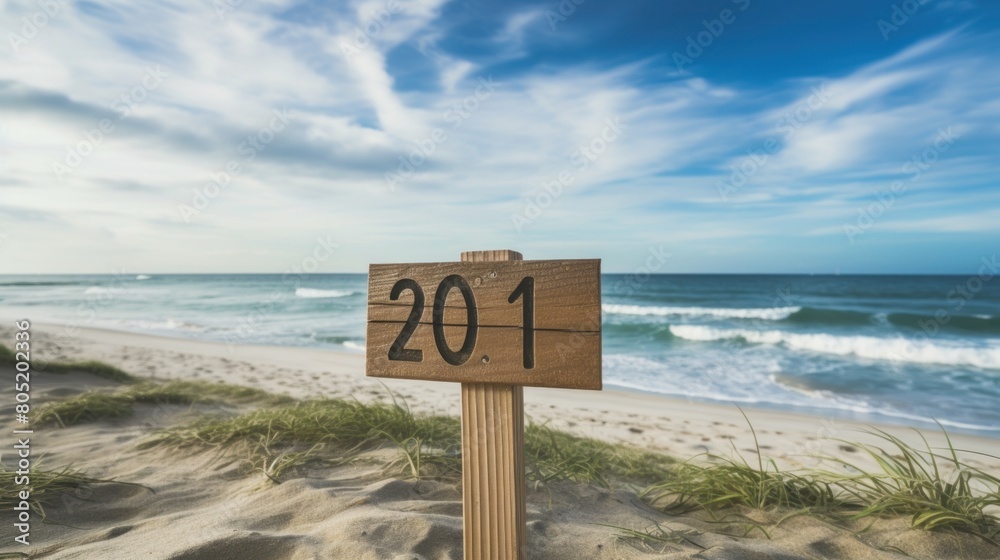Wooden Sign on Sand with Cloudy Blue Sky.AI generated image