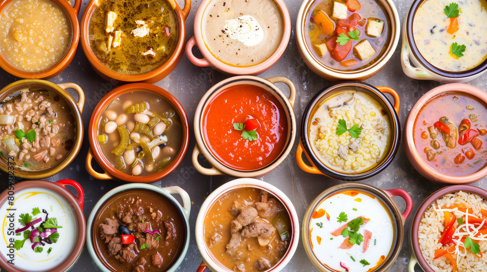 table filled with bowls of different soups and sauses from different countries cousine with vegetables or meat table filled with bowls of different soups and sauses from different countries cousine with vegetables or meat