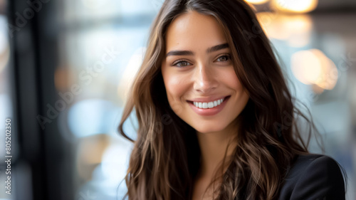 A woman with long brown hair is smiling and looking at the camera Free Download A woman with long brown hair is smiling and looking at the camera - GFXLoad