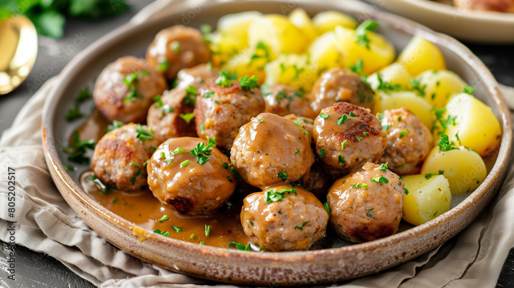 typical swedish meatball meal with potato and brown sauce typical swedish meatball meal with potato and brown sauce