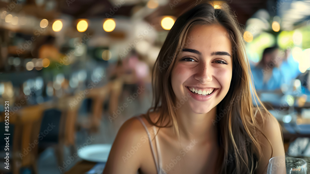 A woman is smiling at the camera in a restaurant