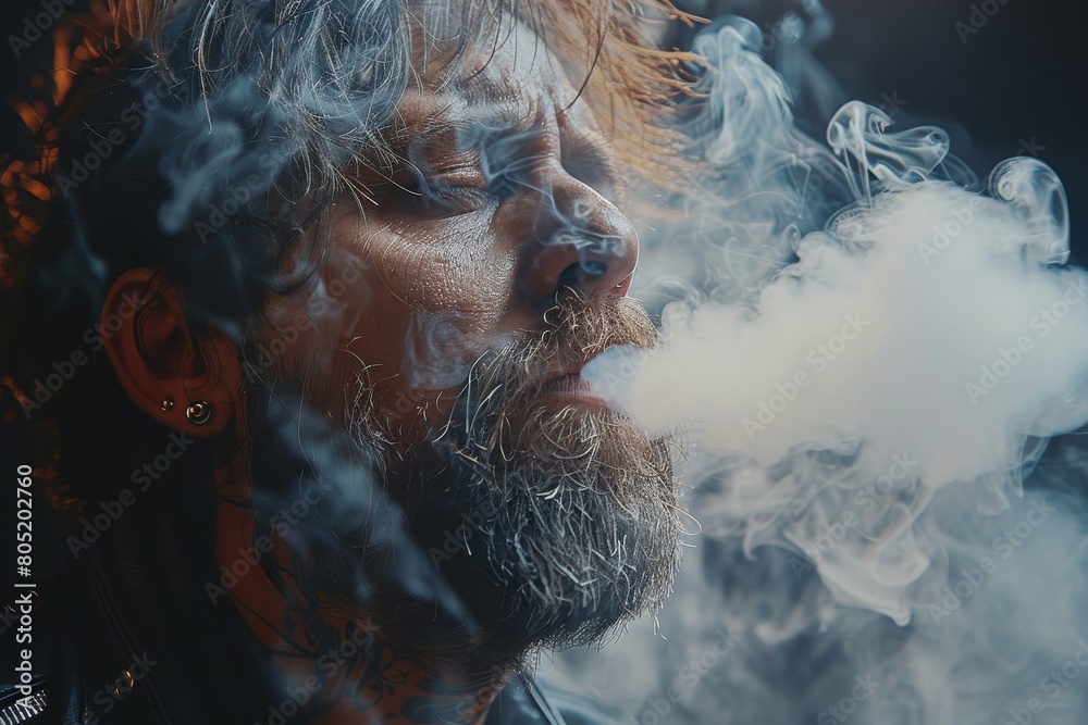 Dramatic capture of a man exhaling a cloud of smoke, his face obscured, set against a dark, moody background
