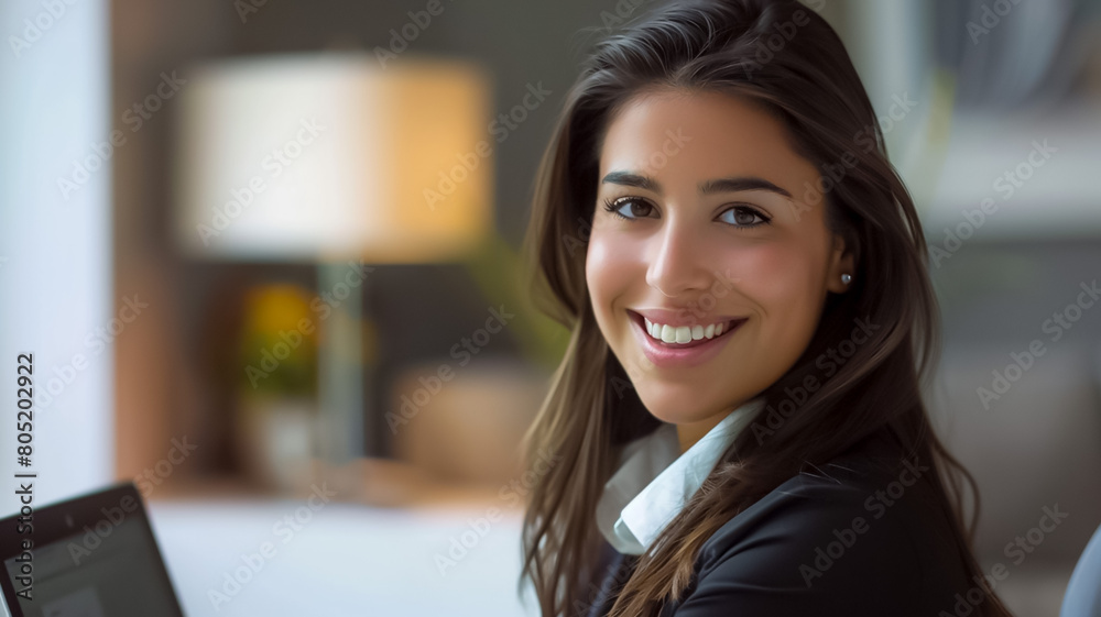 Obraz premium A woman with long hair is smiling and sitting in front of a laptop