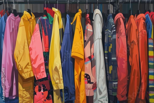 Colorful raincoats hanging on a rack, perfect for fashion or weather-related projects