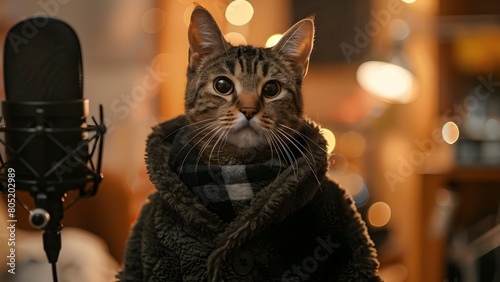 Stylish Cat in Studio Ready for Podcasting or ASMR. Concept Stylish, Cat, Podcasting, ASMR, Studio photo