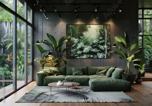 the interior design of an apartment in dark gray with a green sofa and gold details, large windows overlooking nature, jungle landscape painting on wall, warm lighting, wooden floor, hanging lights, p