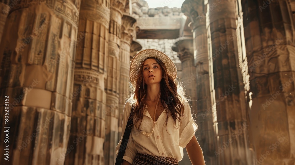 A portrait of a female tourist in an ancient building
