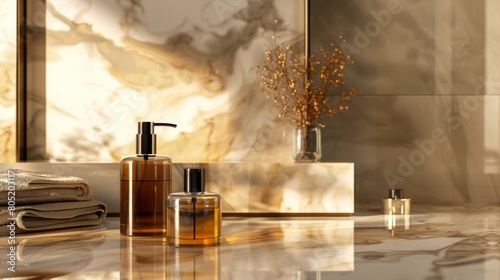 An opulent display of a luxurious colored glass bottle with a spray pump for perfumes on a marble countertop, reflecting the ambient golden lighting
