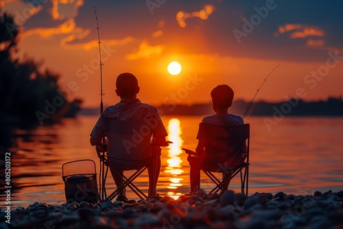綺麗な夕焼けと釣り人の親子