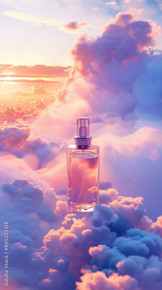 An ethereal setting featuring a slender artistic luxury perfume bottle floating among soft clouds, with a pastel sunset in the background, suggesting serenity An ethereal setting featuring a slender artistic luxury perfume bottle floating among soft clouds, with a pastel sunset in the background, suggesting serenity