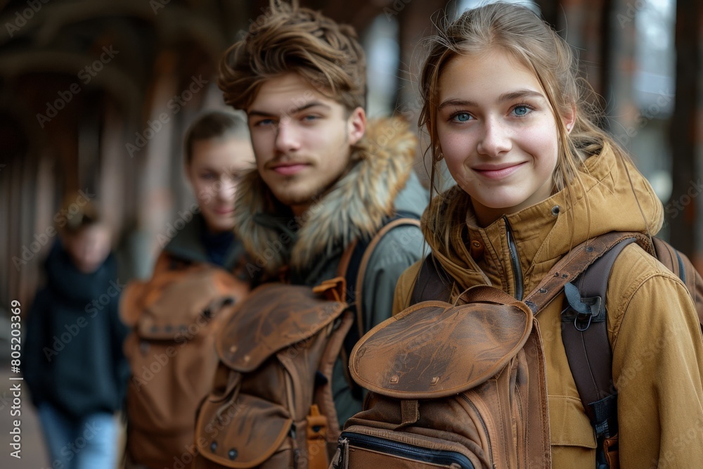 Fototapeta premium Trio of attractive young friends with vintage bags smiling on a group outing