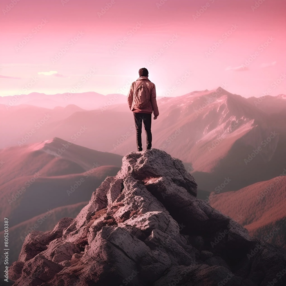 A man is standing on top of a mountain. A man is standing on top of a mountain.
