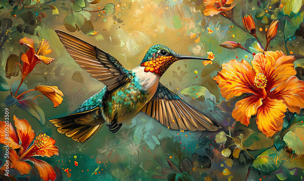 A vibrant kingfisher bird mid-flight, wings expanded with a backdrop of sunlit foliage and water , Generate AI
