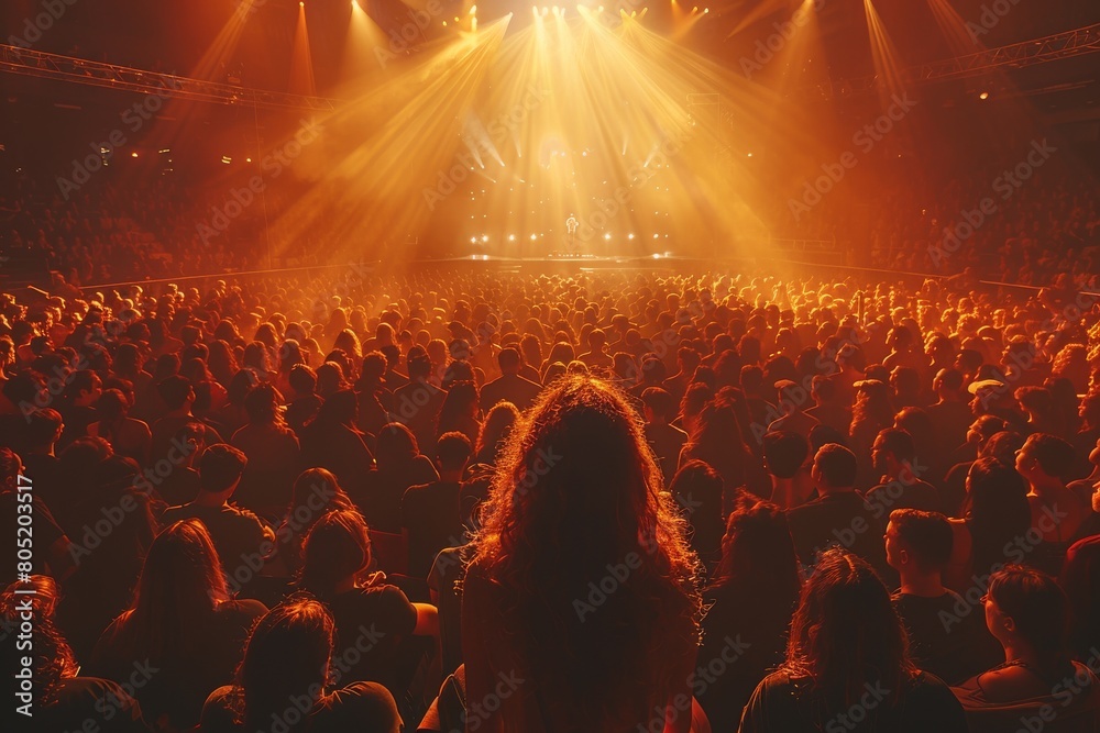 A sea of spectators is bathed in warm, gleaming light as they watch a performer on stage at a concert event