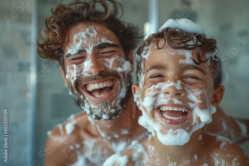 お風呂ではしゃぐ父と息子 photo
