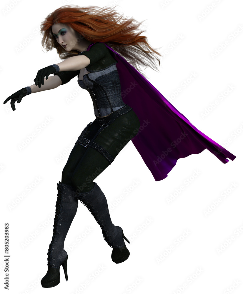 Cloaked heroine in an active flying pose with streaming cloak and hair Cloaked heroine in an active flying pose with streaming cloak and hair