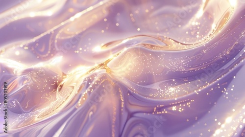 A closeup of swirling, shimmering liquid in shades of white and gold against an ethereal lavender background. The light from the golden swirls illuminates parts of the scene.
