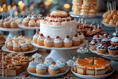 A decadent spread of desserts featuring a layered cake, various cupcakes, and fruit-topped pastries for an opulent gathering