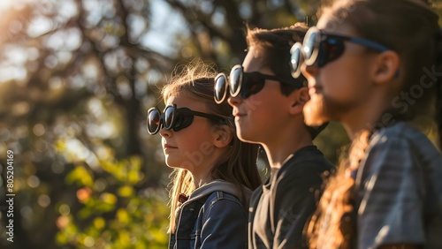 Observing solar eclipse with special glasses in the park. Concept Space Exploration, Solar Phenomena, Astronomical Activities, Eclipse Viewing, Park Adventures