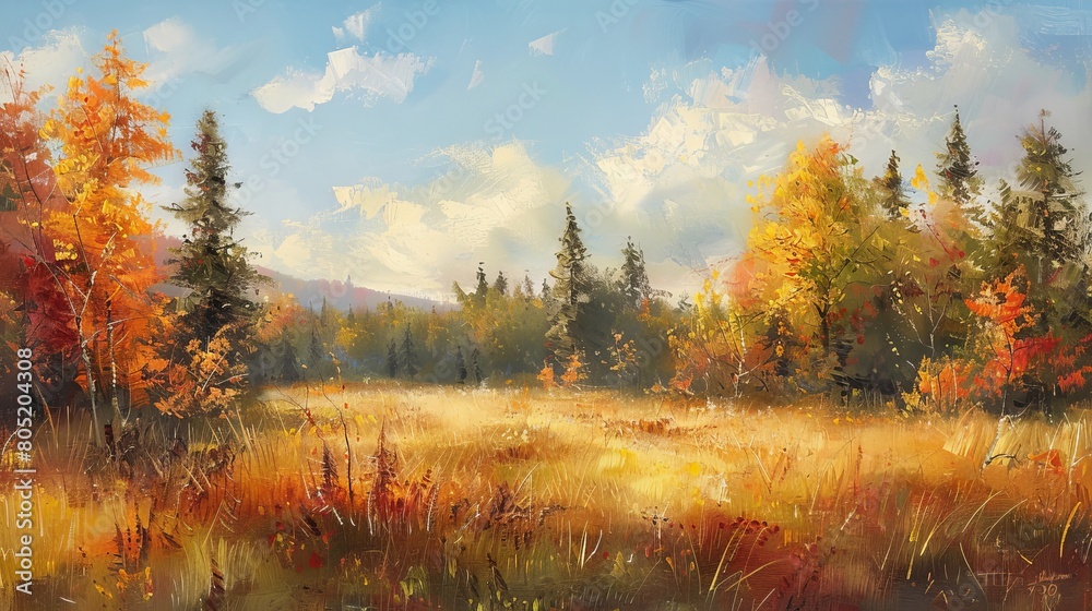 A beautiful autumn landscape with a meadow, colorful trees and mountains in the distance