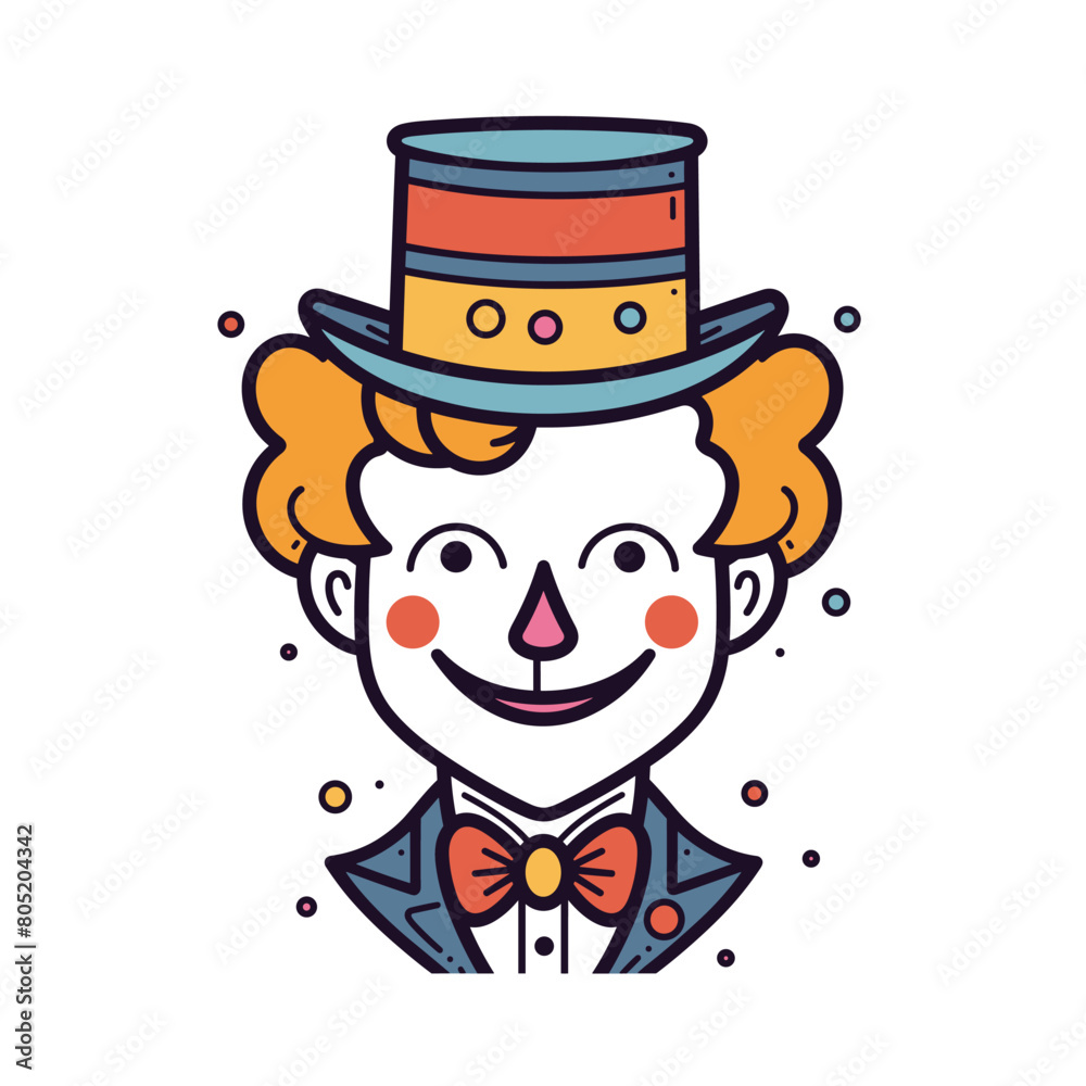 Colorful clown illustration cheerful smiling, wearing top hat bow tie. Circus performer vector design bright makeup curly hair. Happy entertainer graphic drawing, festival fun character