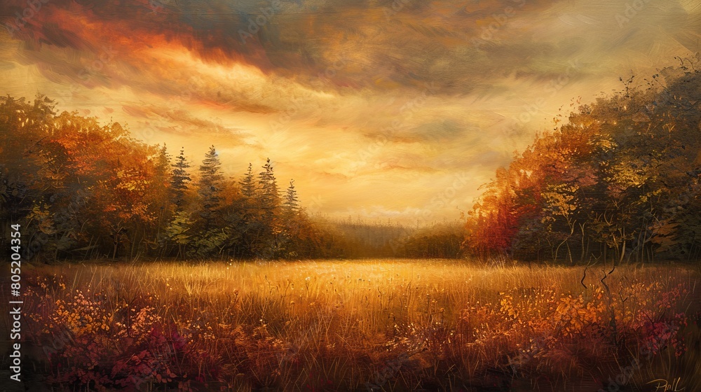 A beautiful landscape oil painting with a golden field of wheat