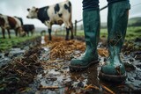 A farmer's muddy boots stepping firmly in the rich, wet soil of farmland with cows in the background