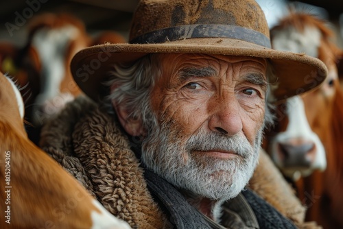 Close-up portrait of a senior man with cattle in the background, reflecting agricultural livelihood