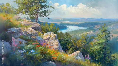 A beautiful landscape oil painting with a river  valley and mountains in the distance