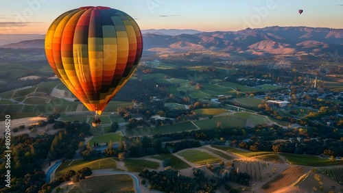 Napa Valley hot air balloon ride in California USA promotional banner. Concept Travel, Napa Valley, California, Hot Air Balloon Ride, Promotional Banner photo