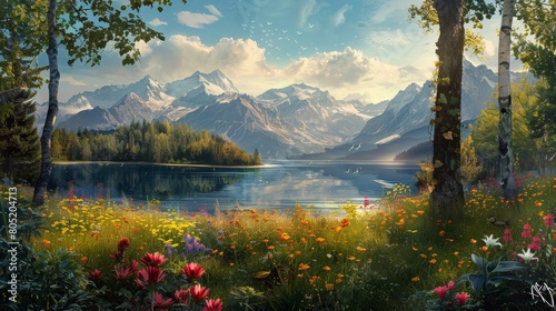 A beautiful mountain lake surrounded by trees and flowers oil painting photo