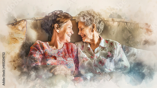 An idea for a Mother's Day poster or web banner featuring an elderly mother talking with love and laughter to her adult daughter while they sit side by side on a comfortable sofa at home.