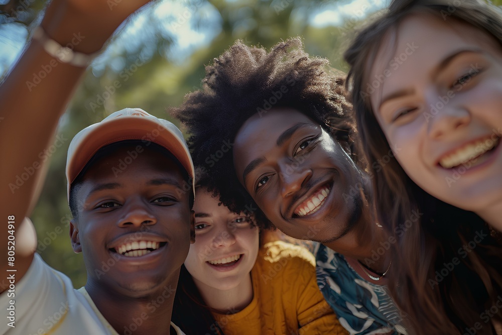 Fototapeta premium a group of smiling young diversity people, group selfie, looking at camera, outdoors, happy mood, candid photography. generative AI