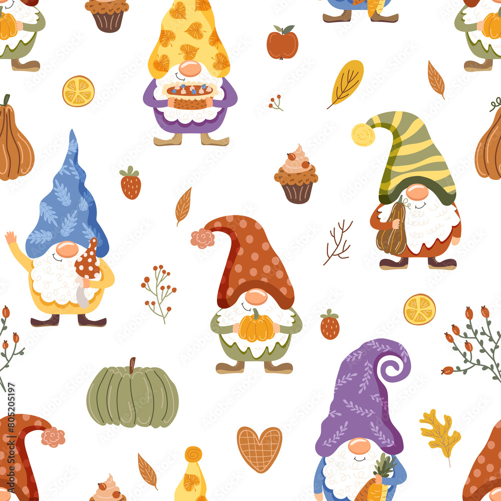 Obraz premium seamless pattern of cute gnomes along with apples and cupcakes , illustrated background 