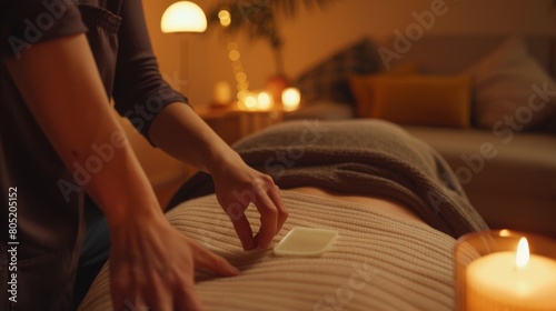 An action shot of a pain relief patch being applied by a therapist in a soothing therapy room with dim lighting and soft textiles photo