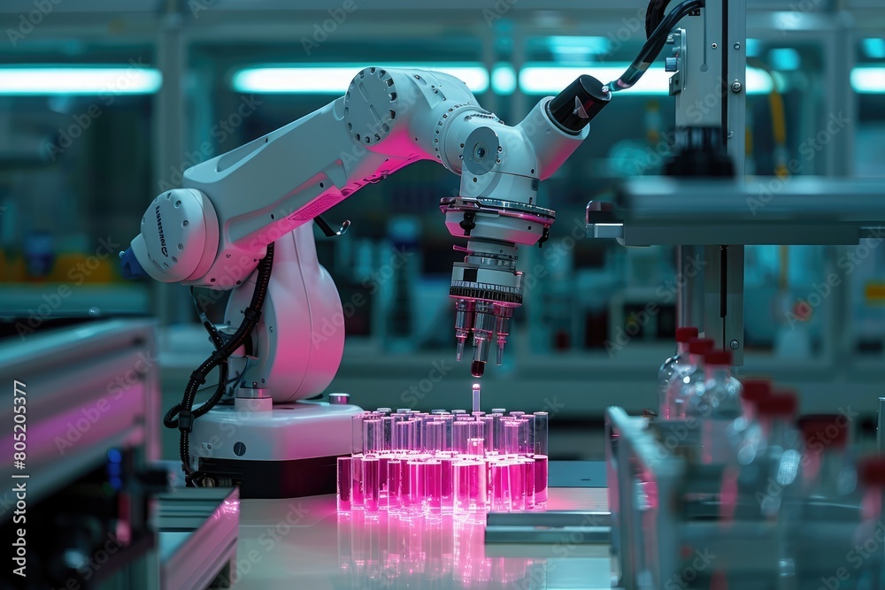 Automatic production line, robotic arm is working Automatic production line, robotic arm is working