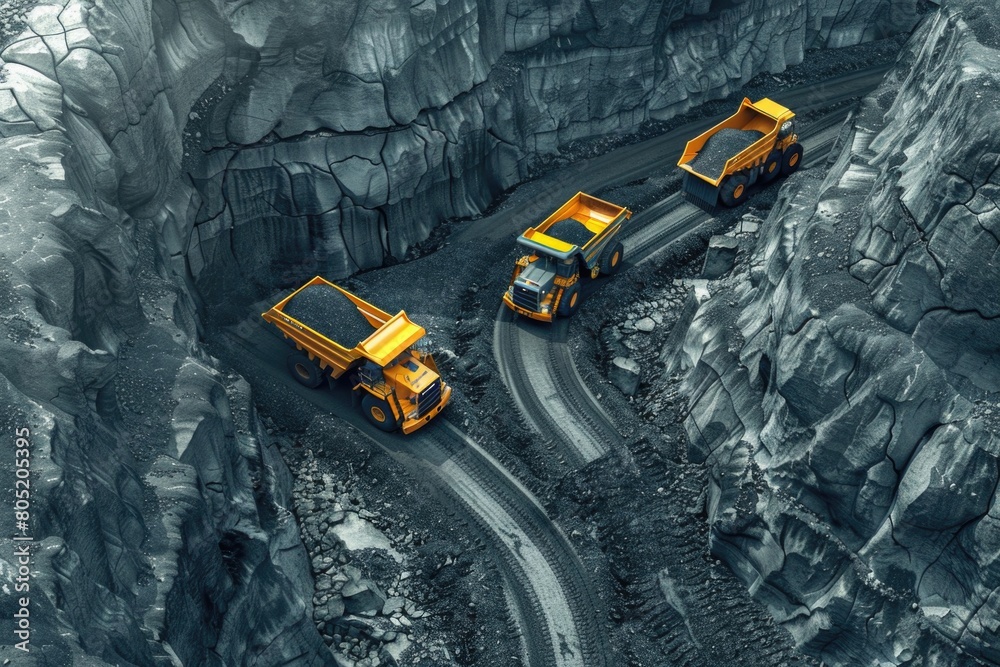 Two yellow dump trucks driving down a mountain road. Suitable for construction or transportation themes
