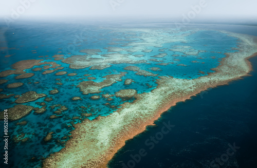 Aerial view of Great Barrier Reef coral reef structure in Whitsundays, Aerilie beach, Queensland, Australia