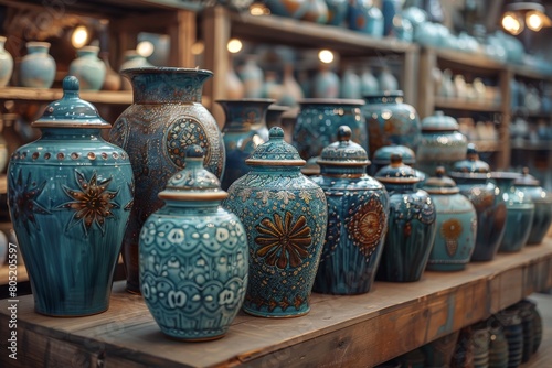 A detailed image showcasing a variety of beautifully handcrafted artisan pottery pieces arranged on rustic wooden shelves