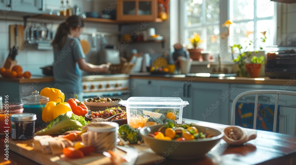 A vibrant, family kitchen scene with a clear plastic pill container on the table, surrounded by a healthy breakfast setup