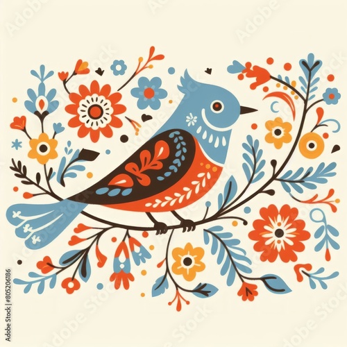 Simple folk style illustration of a bluebird with red  orange  and yellow flower  on white background