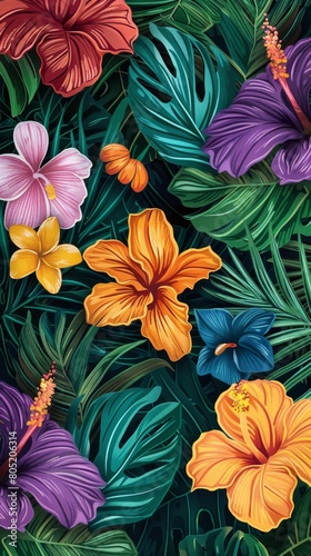 A vibrant, colorful depiction of an aromatic scented plastic medicine pouch among tropical flowers and green leaves, capturing an exotic essence