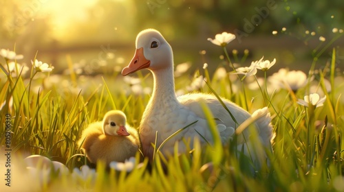 A mother duck and her duckling in a field of flowers