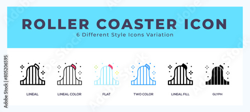 Roller coaster icon symbol set. outline. glyph black. flat color and filled line color.