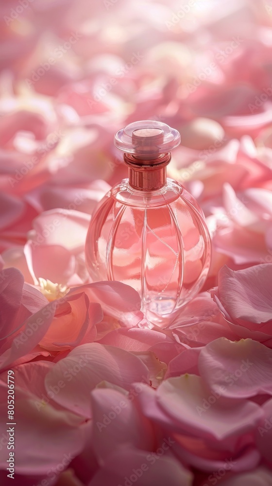 A sweetscented pink curved glass perfume bottle on a bed of soft pink rose petals, illuminated by gentle morning light A sweetscented pink curved glass perfume bottle on a bed of soft pink rose petals, illuminated by gentle morning light