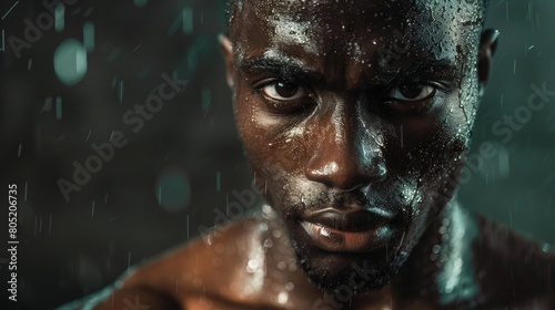 portrait of African american athlete after work out sweating and looking at camera