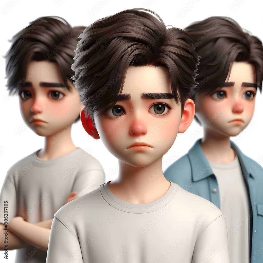 Asian cartoon character boy, young man portrait, male, Sad mood, feeling expression concept, Isolated on a white background Asian cartoon character boy, young man portrait, male, Sad mood, feeling expression concept, Isolated on a white background