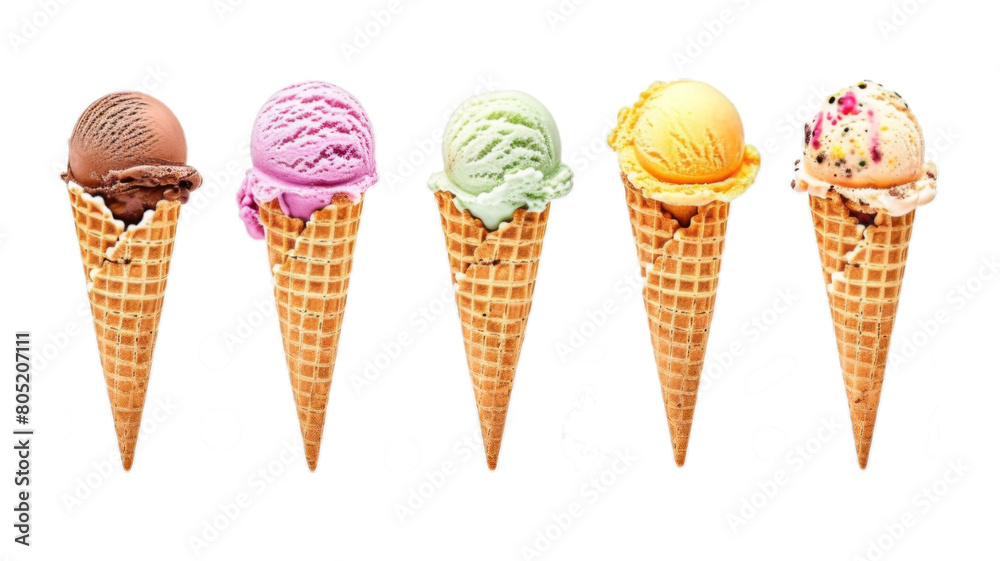 Set of ice cream balls in waffle cone isolated on transparent background