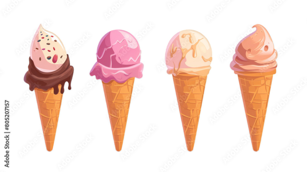 Set of ice cream balls in waffle cone isolated on transparent background